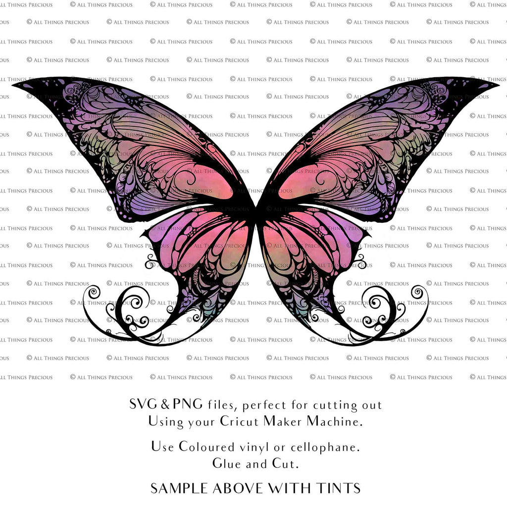 SVG & PNG Fairy Wing files for Cricut or Silhouette Cameo Cutting Machine. To create wearable fairy wings, in adult or children sizes. Graphic design for Halloween Costumes, Fantasy or Cosplay or photography. Print for weddings, engagements, baby shower invitations. DIY Printable. Fairycore, Cottagecore.