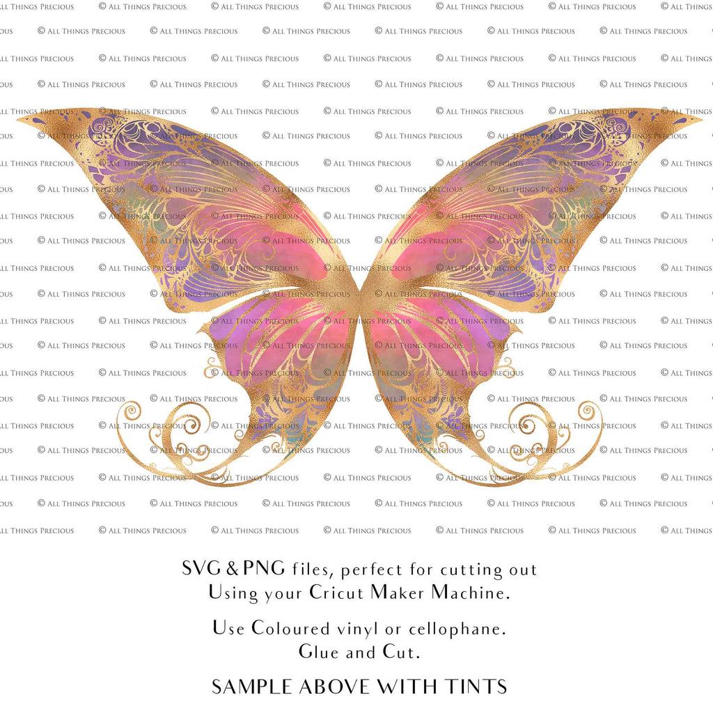 SVG & PNG Fairy Wing files for Cricut or Silhouette Cameo Cutting Machine. To create wearable fairy wings, in adult or children sizes. Graphic design for Halloween Costumes, Fantasy or Cosplay or photography. Print for weddings, engagements, baby shower invitations. DIY Printable. Fairycore, Cottagecore.