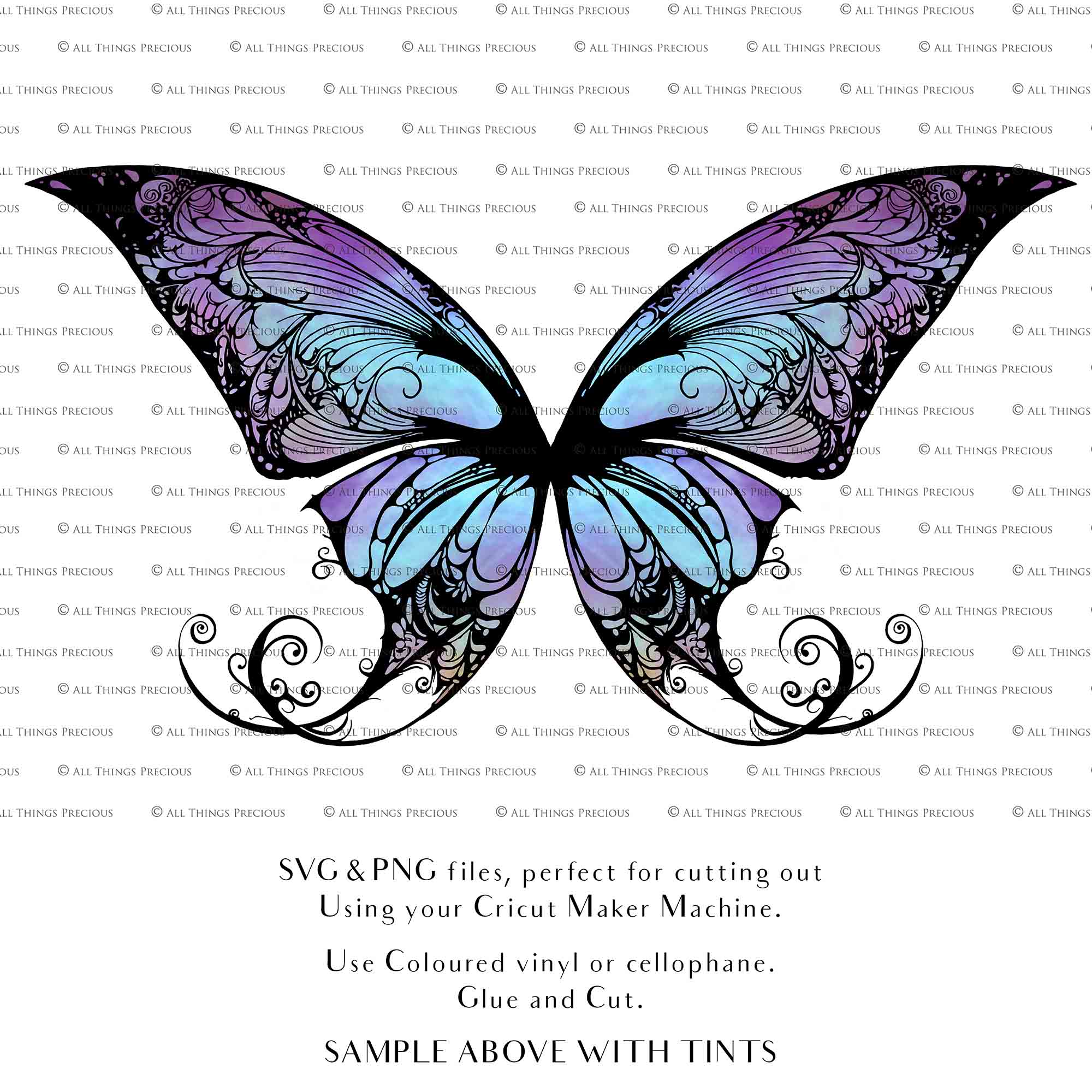 SVG & PNG Fairy Wing files for Cricut or Silhouette Cameo Cutting Machine. To create wearable fairy wings, in adult or children sizes. Graphic design for Halloween Costumes, Fantasy or Cosplay or photography. Print for weddings, engagements, baby shower invitations. DIY Printable. Fairycore, Cottagecore.