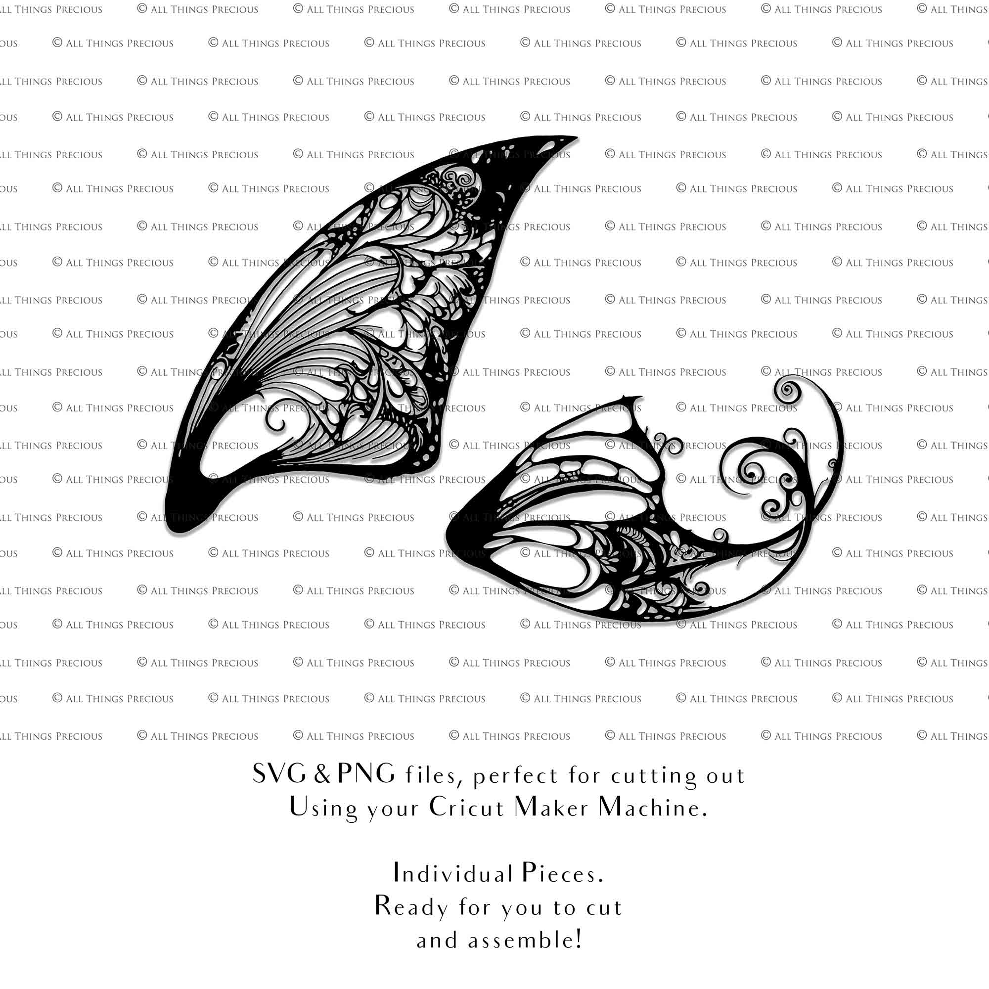 SVG & PNG Fairy Wing files for Cricut or Silhouette Cameo Cutting Machine. To create wearable fairy wings, in adult or children sizes. Graphic design for Halloween Costumes, Fantasy or Cosplay or photography. Print for weddings, engagements, baby shower invitations. DIY Printable. Fairycore, Cottagecore.