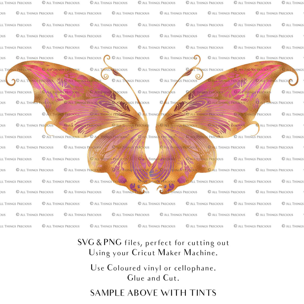 SVG & PNG Fairy Wing files for Cricut or Silhouette Cameo Cutting Machine. To create wearable fairy wings, in adult or children sizes. Graphic design for Halloween Costumes, Fantasy or Cosplay or photography. Print for weddings, engagements, baby shower invitations. DIY Printable. Fairycore, Cottagecore.