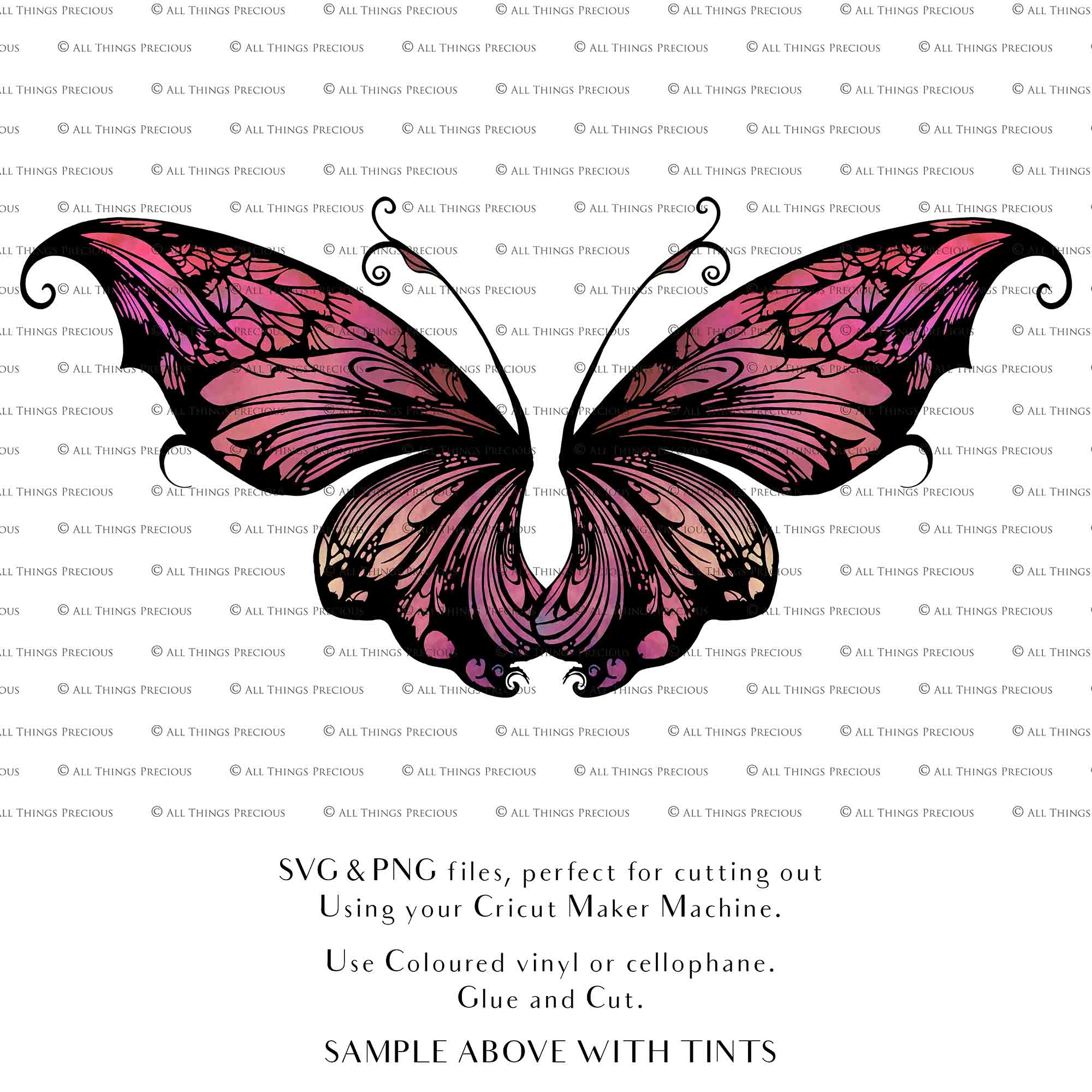 SVG & PNG Fairy Wing files for Cricut or Silhouette Cameo Cutting Machine. To create wearable fairy wings, in adult or children sizes. Graphic design for Halloween Costumes, Fantasy or Cosplay or photography. Print for weddings, engagements, baby shower invitations. DIY Printable. Fairycore, Cottagecore.