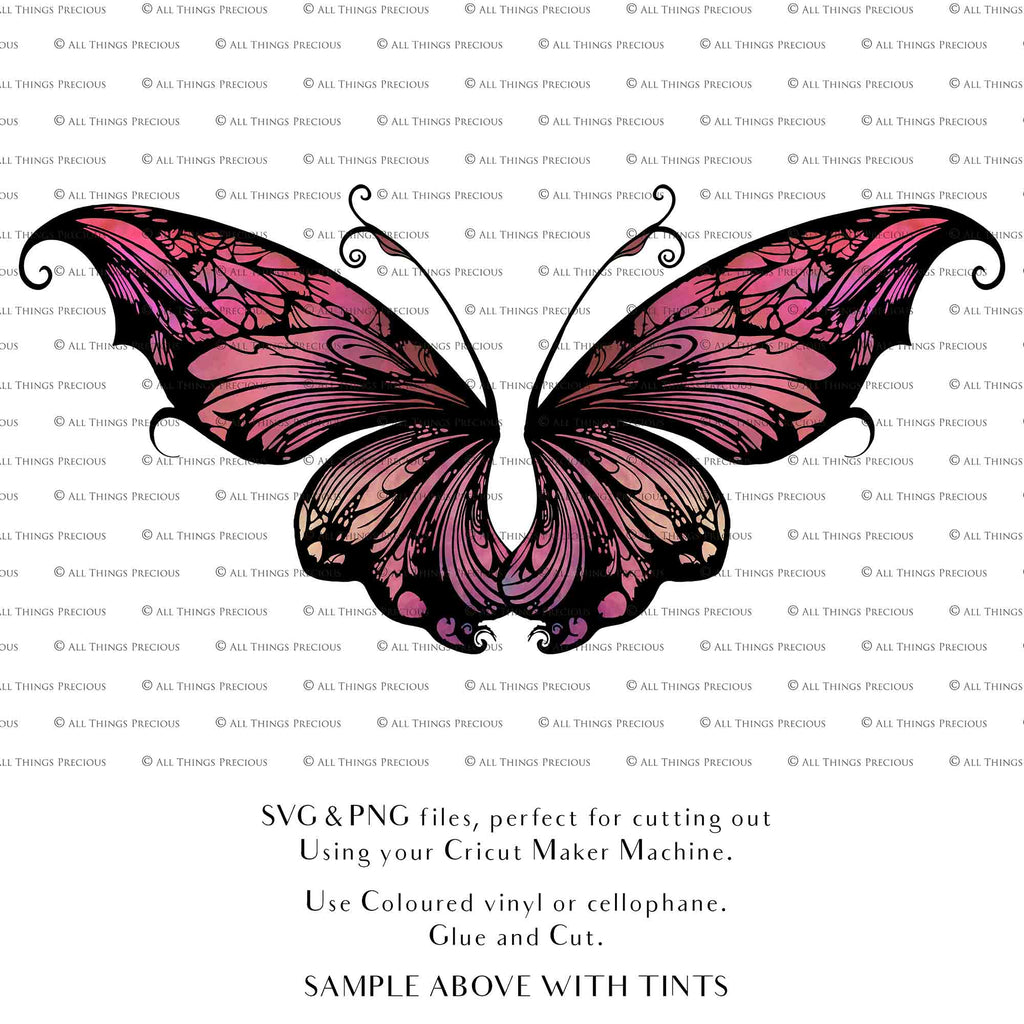 SVG & PNG Fairy Wing files for Cricut or Silhouette Cameo Cutting Machine. To create wearable fairy wings, in adult or children sizes. Graphic design for Halloween Costumes, Fantasy or Cosplay or photography. Print for weddings, engagements, baby shower invitations. DIY Printable. Fairycore, Cottagecore.