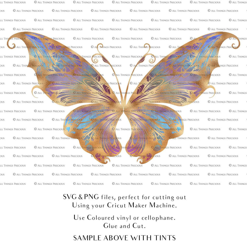 SVG & PNG Fairy Wing files for Cricut or Silhouette Cameo Cutting Machine. To create wearable fairy wings, in adult or children sizes. Graphic design for Halloween Costumes, Fantasy or Cosplay or photography. Print for weddings, engagements, baby shower invitations. DIY Printable. Fairycore, Cottagecore.