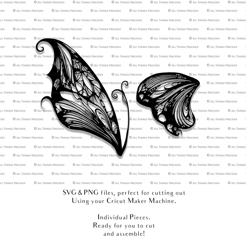 SVG & PNG Fairy Wing files for Cricut or Silhouette Cameo Cutting Machine. To create wearable fairy wings, in adult or children sizes. Graphic design for Halloween Costumes, Fantasy or Cosplay or photography. Print for weddings, engagements, baby shower invitations. DIY Printable. Fairycore, Cottagecore.