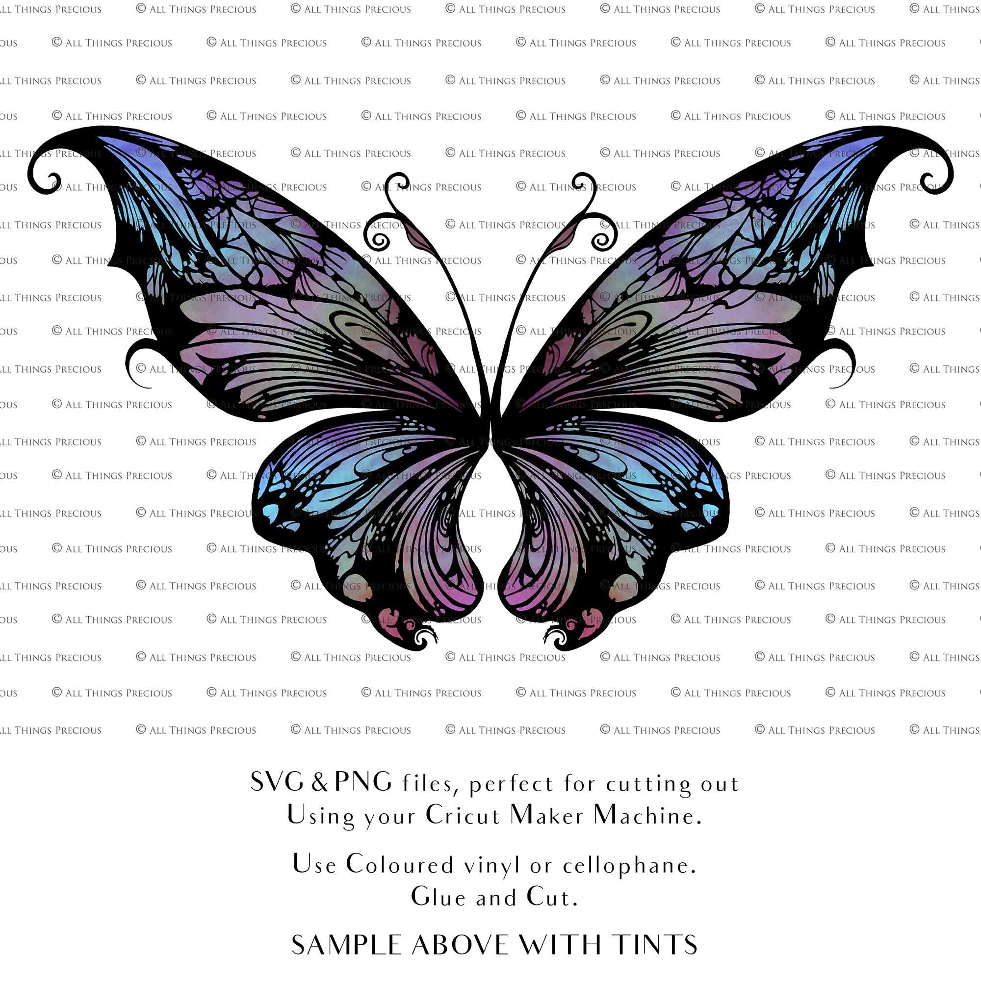 SVG & PNG Fairy Wing files for Cricut or Silhouette Cameo Cutting Machine. To create wearable fairy wings, in adult or children sizes. Graphic design for Halloween Costumes, Fantasy or Cosplay or photography. Print for weddings, engagements, baby shower invitations. DIY Printable. Fairycore, Cottagecore.