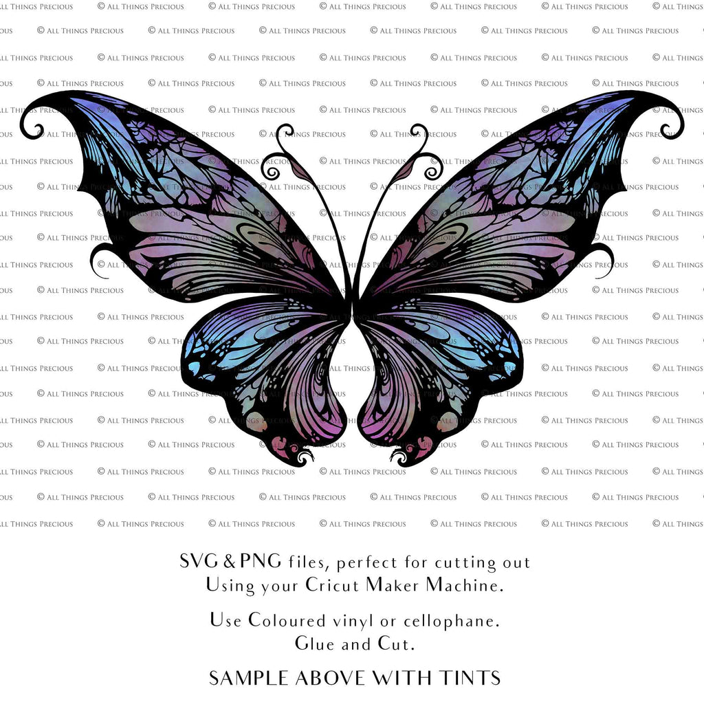 SVG & PNG Fairy Wing files for Cricut or Silhouette Cameo Cutting Machine. To create wearable fairy wings, in adult or children sizes. Graphic design for Halloween Costumes, Fantasy or Cosplay or photography. Print for weddings, engagements, baby shower invitations. DIY Printable. Fairycore, Cottagecore.