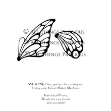 Load image into Gallery viewer, SVG &amp; PNG Fairy Wing files for Cricut or Silhouette Cameo Cutting Machine. To create wearable fairy wings, in adult or children sizes.  Use this clipart design for Halloween Costumes, Fantasy or Cosplay or photography. Or use as ephemera in weddings, engagements or baby shower invitations. These are Individual wing parts, for you to cut and assemble. This is a digital product. 
