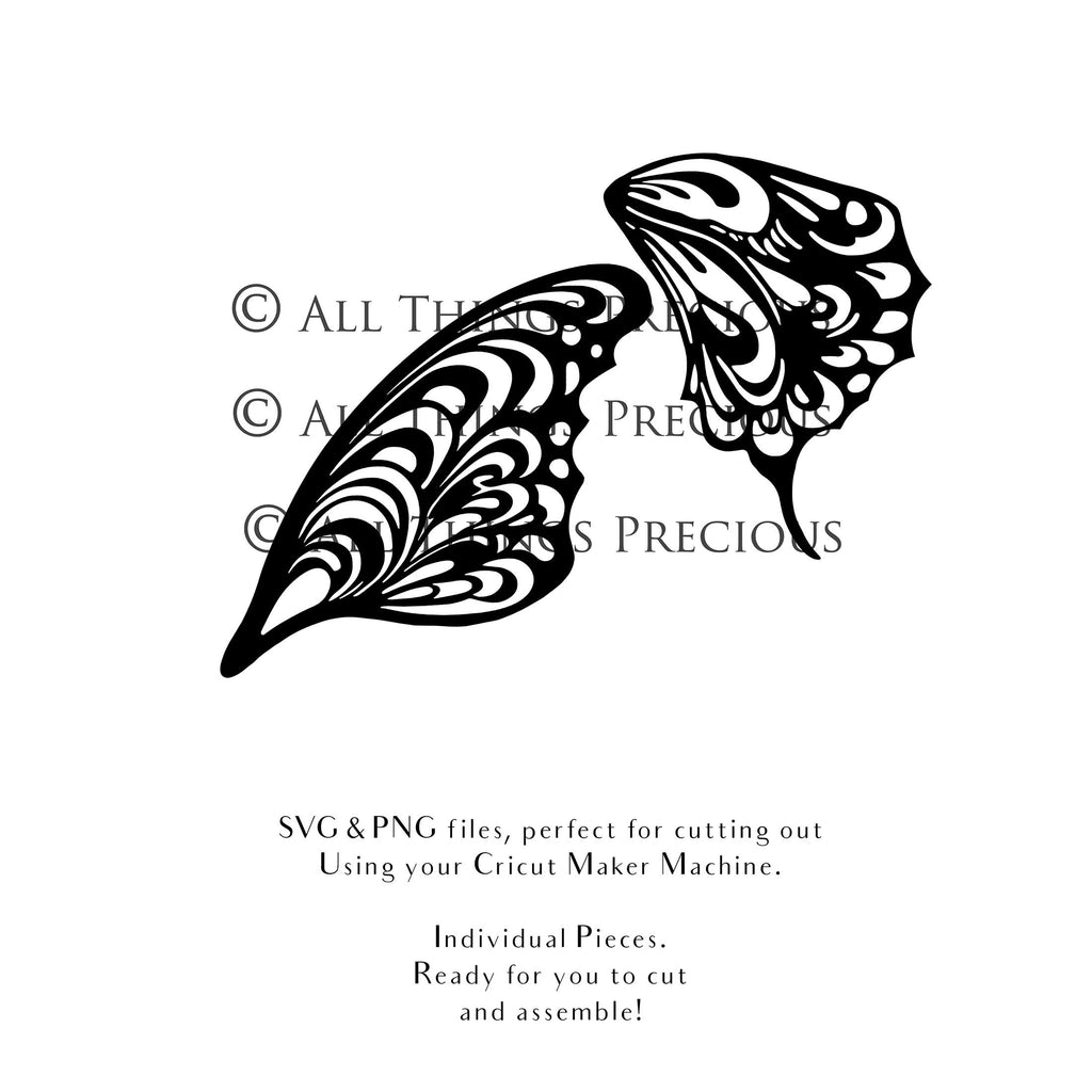 SVG & PNG Fairy Wing files for Cricut or Silhouette Cameo Cutting Machine. To create wearable fairy wings, in adult or children sizes.  Use this clipart design for Halloween Costumes, Fantasy or Cosplay or photography. Or use as ephemera in weddings, engagements or baby shower invitations. These are Individual wing parts, for you to cut and assemble. This is a digital product. 