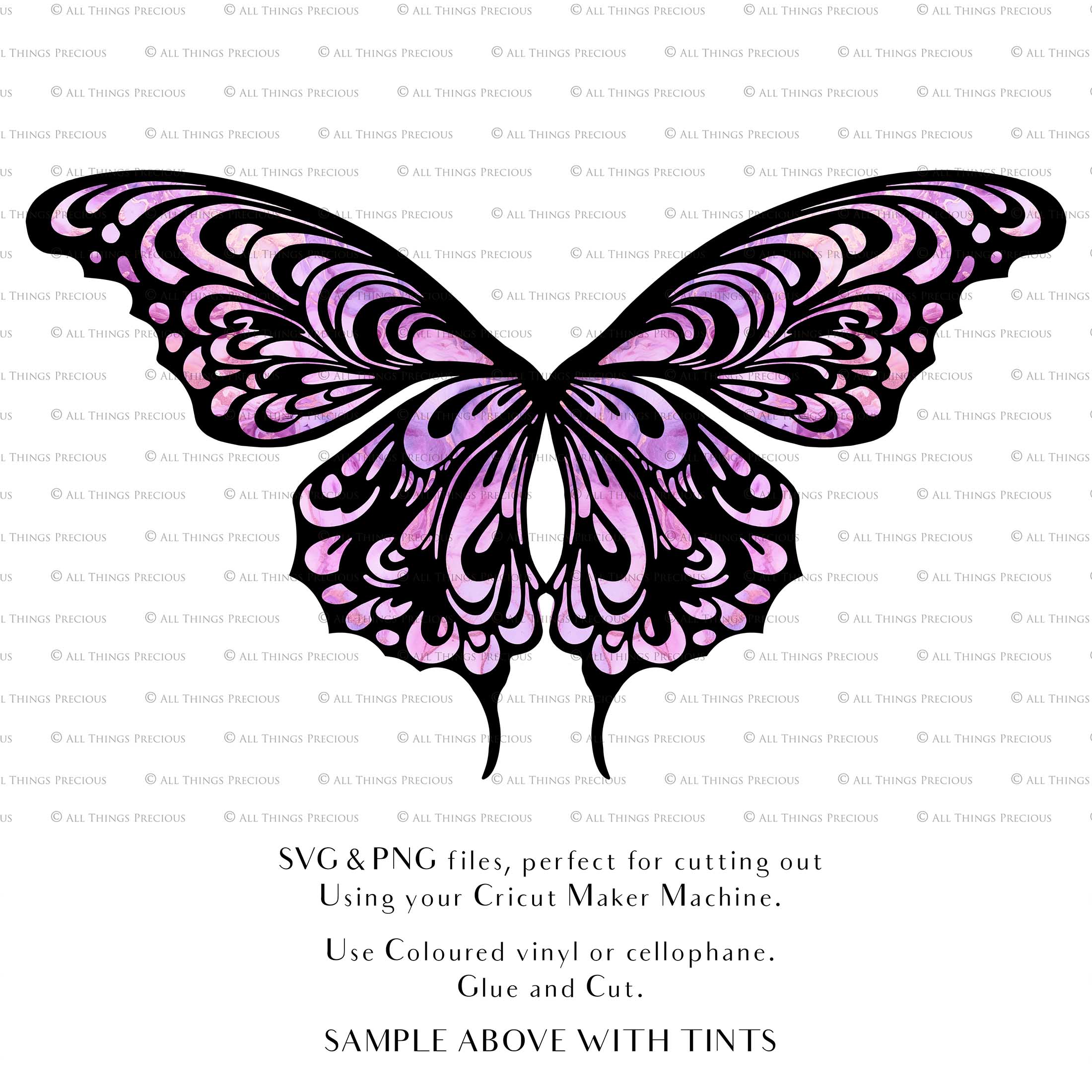 SVG & PNG Fairy Wing files for Cricut or Silhouette Cameo Cutting Machine. To create wearable fairy wings, in adult or children sizes.  Use this clipart design for Halloween Costumes, Fantasy or Cosplay or photography. Or use as ephemera in weddings, engagements or baby shower invitations. These are Individual wing parts, for you to cut and assemble. This is a digital product. 