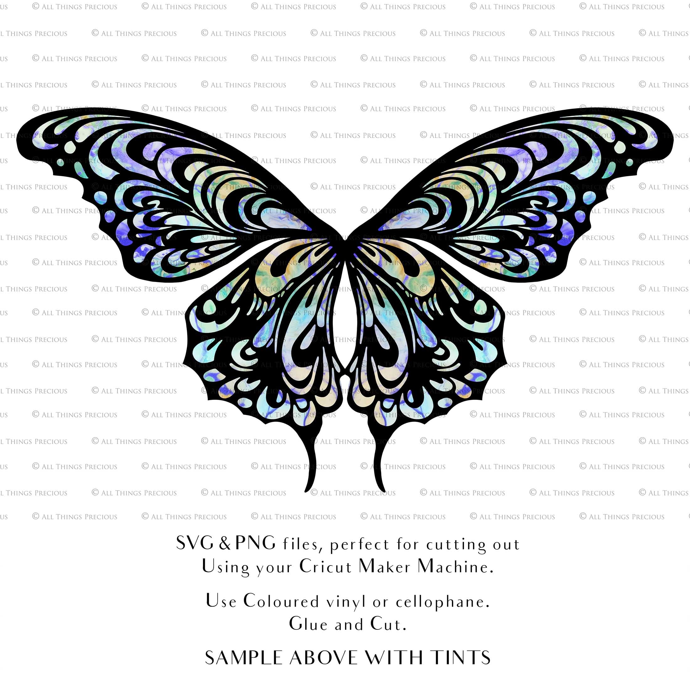 SVG & PNG Fairy Wing files for Cricut or Silhouette Cameo Cutting Machine. To create wearable fairy wings, in adult or children sizes.  Use this clipart design for Halloween Costumes, Fantasy or Cosplay or photography. Or use as ephemera in weddings, engagements or baby shower invitations. These are Individual wing parts, for you to cut and assemble. This is a digital product. 
