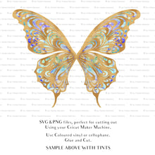 Load image into Gallery viewer, SVG &amp; PNG Fairy Wing files for Cricut or Silhouette Cameo Cutting Machine. To create wearable fairy wings, in adult or children sizes.  Use this clipart design for Halloween Costumes, Fantasy or Cosplay or photography. Or use as ephemera in weddings, engagements or baby shower invitations. These are Individual wing parts, for you to cut and assemble. This is a digital product. 
