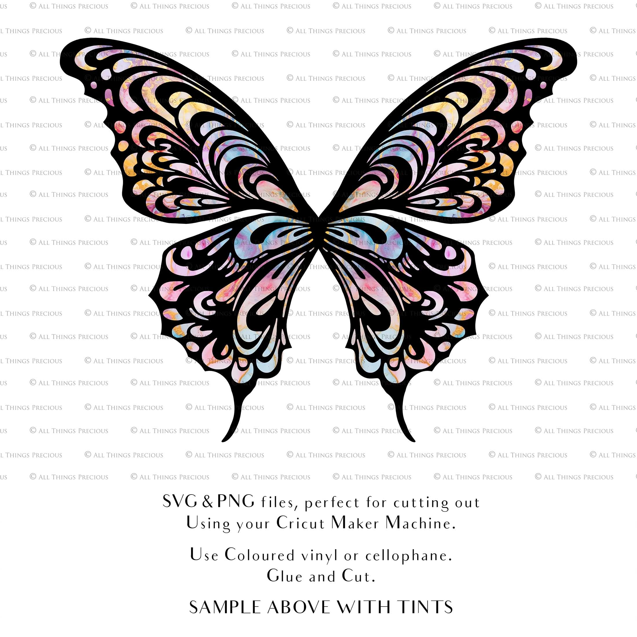 SVG & PNG Fairy Wing files for Cricut or Silhouette Cameo Cutting Machine. To create wearable fairy wings, in adult or children sizes.  Use this clipart design for Halloween Costumes, Fantasy or Cosplay or photography. Or use as ephemera in weddings, engagements or baby shower invitations. These are Individual wing parts, for you to cut and assemble. This is a digital product. 