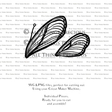 Load image into Gallery viewer, SVG, PNG Clipart, Fairy Wings, for Cricut and Silhouette Machine. Cut out and make your own real fairy wings. For Costumes, Halloween, Cosplay Wings, Adult Wings, Child size wings. Use them for Wedding invitations, sublimation print  or decorations.
