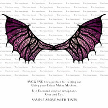 Load image into Gallery viewer, SVG &amp; PNG Fairy Wing files for Cricut or Silhouette Cameo Cutting Machine. To create wearable fairy wings, in adult or children sizes.  Use this graphic design for Halloween Costumes, Fantasy or Cosplay or photography. Use as prints in weddings, engagements or baby shower invitations. for you to cut and assemble. 
