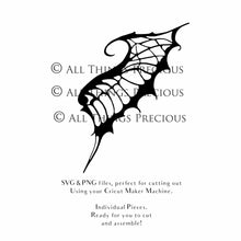 Load image into Gallery viewer, SVG &amp; PNG Fairy Wing files for Cricut or Silhouette Cameo Cutting Machine. To create wearable fairy wings, in adult or children sizes.  Use this graphic design for Halloween Costumes, Fantasy or Cosplay or photography. Use as prints in weddings, engagements or baby shower invitations. for you to cut and assemble. 
