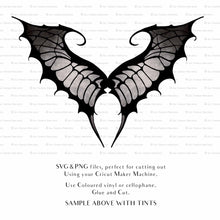 Load image into Gallery viewer, SVG &amp; PNG Fairy Wing files for Cricut or Silhouette Cameo Cutting Machine. To create wearable fairy wings, in adult or children sizes.  Use this graphic design for Halloween Costumes, Fantasy or Cosplay or photography. Use as prints in weddings, engagements or baby shower invitations. for you to cut and assemble. 
