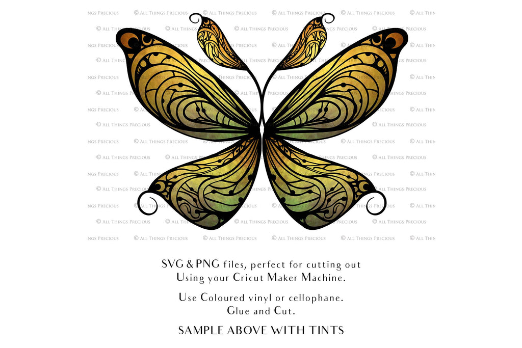 SVG & PNG Fairy Wing files for Cricut or Silhouette Cameo Cutting Machine. To create wearable fairy wings, in adult or children sizes. Use this graphic design for Halloween Costumes, Fantasy or Cosplay or photography. Use as prints in weddings, engagements or baby shower invitations. for you to cut and assemble.