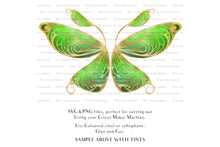 Load image into Gallery viewer, SVG &amp; PNG Fairy Wing files for Cricut or Silhouette Cameo Cutting Machine. To create wearable fairy wings, in adult or children sizes. Use this graphic design for Halloween Costumes, Fantasy or Cosplay or photography. Use as prints in weddings, engagements or baby shower invitations. for you to cut and assemble.
