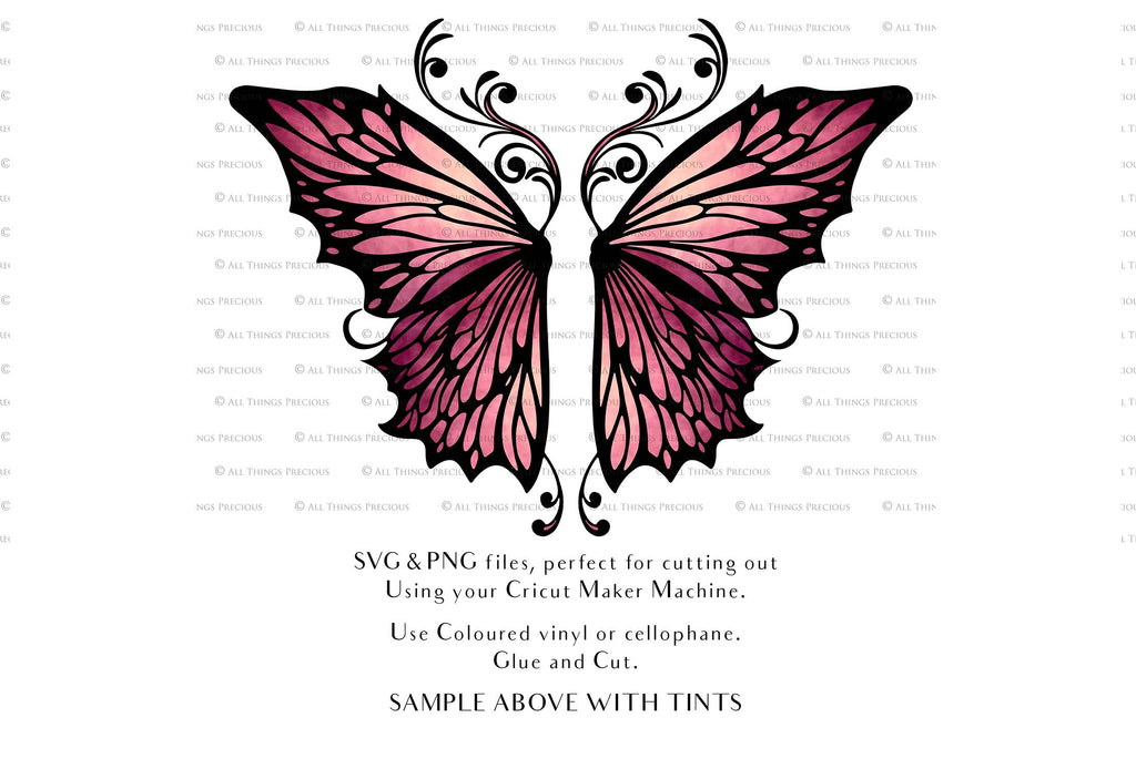 SVG & PNG Fairy Wing files for Cricut or Silhouette Cameo Cutting Machine. To create wearable fairy wings, in adult or children sizes. Use this graphic design for Halloween Costumes, Fantasy or Cosplay or photography. Use as prints in weddings, engagements or baby shower invitations. for you to cut and assemble.