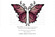 Load image into Gallery viewer, SVG &amp; PNG Fairy Wing files for Cricut or Silhouette Cameo Cutting Machine. To create wearable fairy wings, in adult or children sizes. Use this graphic design for Halloween Costumes, Fantasy or Cosplay or photography. Use as prints in weddings, engagements or baby shower invitations. for you to cut and assemble.
