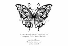 Load image into Gallery viewer, SVG &amp; PNG Fairy Wing files for Cricut or Silhouette Cameo Cutting Machine. To create wearable fairy wings, in adult or children sizes. Use this graphic design for Halloween Costumes, Fantasy or Cosplay or photography. Use as prints in weddings, engagements or baby shower invitations. for you to cut and assemble.

