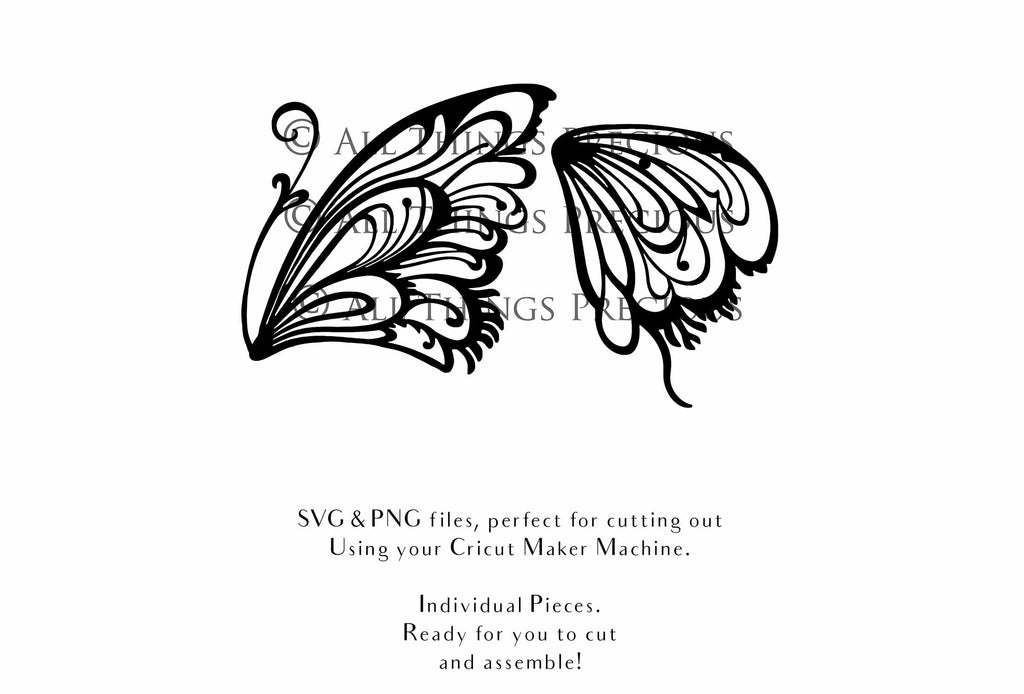 SVG & PNG Fairy Wing files for Cricut or Silhouette Cameo Cutting Machine. To create wearable fairy wings, in adult or children sizes. Use this graphic design for Halloween Costumes, Fantasy or Cosplay or photography. Use as prints in weddings, engagements or baby shower invitations. for you to cut and assemble.