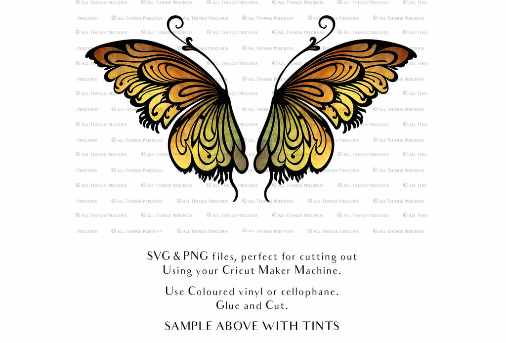 SVG & PNG Fairy Wing files for Cricut or Silhouette Cameo Cutting Machine. To create wearable fairy wings, in adult or children sizes. Use this graphic design for Halloween Costumes, Fantasy or Cosplay or photography. Use as prints in weddings, engagements or baby shower invitations. for you to cut and assemble.