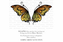 Load image into Gallery viewer, SVG &amp; PNG Fairy Wing files for Cricut or Silhouette Cameo Cutting Machine. To create wearable fairy wings, in adult or children sizes. Use this graphic design for Halloween Costumes, Fantasy or Cosplay or photography. Use as prints in weddings, engagements or baby shower invitations. for you to cut and assemble.
