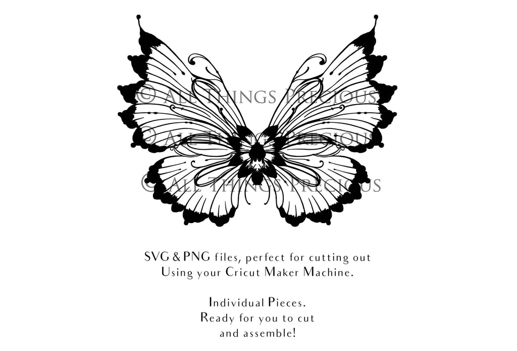 SVG & PNG Fairy Wing files for Cricut or Silhouette Cameo Cutting Machine. To create wearable fairy wings, in adult or children sizes. Use this graphic design for Halloween Costumes, Fantasy or Cosplay or photography. Use as prints in weddings, engagements or baby shower invitations. for you to cut and assemble.