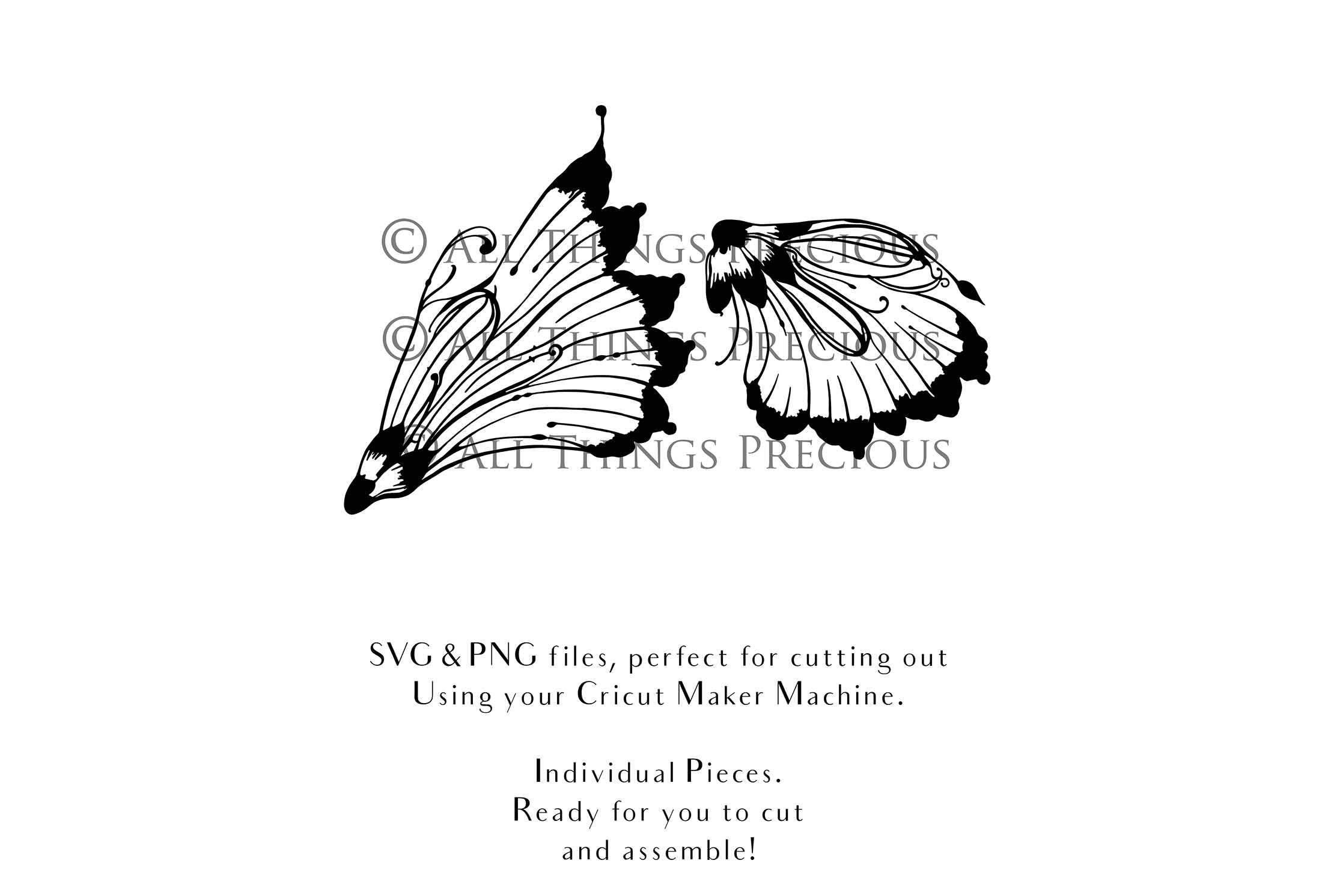 SVG & PNG Fairy Wing files for Cricut or Silhouette Cameo Cutting Machine. To create wearable fairy wings, in adult or children sizes. Use this graphic design for Halloween Costumes, Fantasy or Cosplay or photography. Use as prints in weddings, engagements or baby shower invitations. for you to cut and assemble.