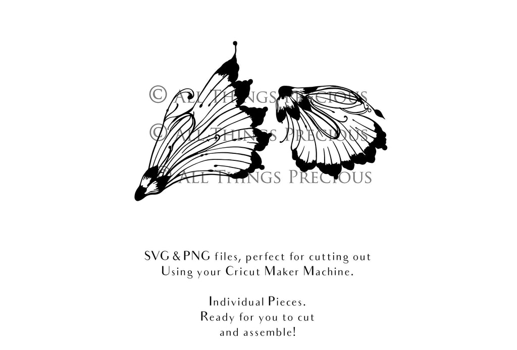 SVG & PNG Fairy Wing files for Cricut or Silhouette Cameo Cutting Machine. To create wearable fairy wings, in adult or children sizes. Use this graphic design for Halloween Costumes, Fantasy or Cosplay or photography. Use as prints in weddings, engagements or baby shower invitations. for you to cut and assemble.