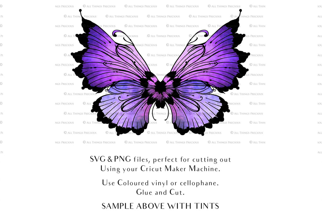 SVG & PNG Fairy Wing files for Cricut or Silhouette Cameo Cutting Machine. To create wearable fairy wings, in adult or children sizes. Use this graphic design for Halloween Costumes, Fantasy or Cosplay or photography. Use as prints in weddings, engagements or baby shower invitations. for you to cut and assemble.