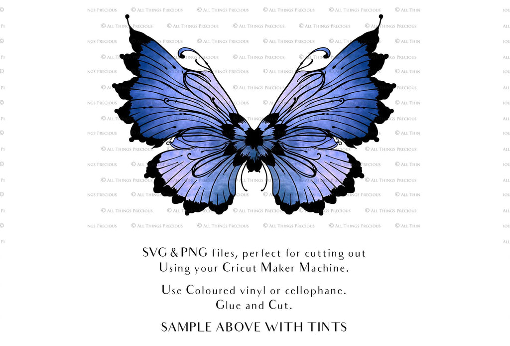 SVG & PNG Fairy Wing files for Cricut or Silhouette Cameo Cutting Machine. To create wearable fairy wings, in adult or children sizes. Use this graphic design for Halloween Costumes, Fantasy or Cosplay or photography. Use as prints in weddings, engagements or baby shower invitations. for you to cut and assemble.