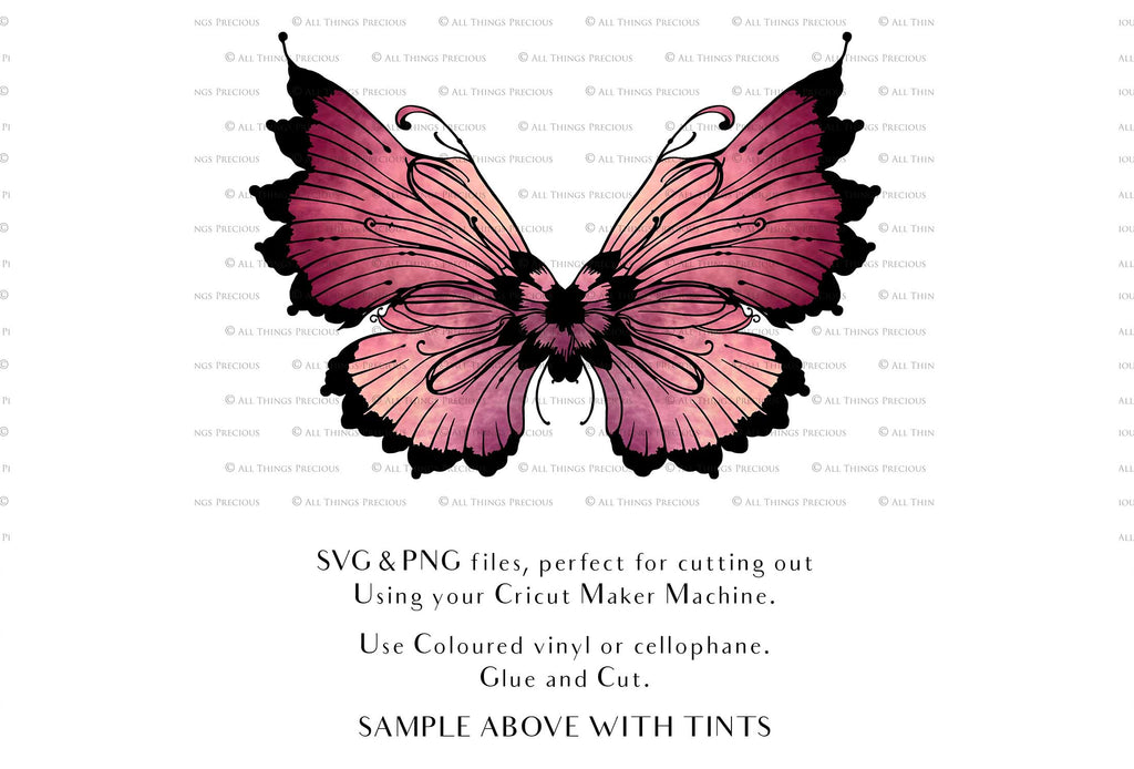 SVG & PNG Fairy Wing files for Cricut or Silhouette Cameo Cutting Machine. To create wearable fairy wings, in adult or children sizes. Use this graphic design for Halloween Costumes, Fantasy or Cosplay or photography. Use as prints in weddings, engagements or baby shower invitations. for you to cut and assemble.