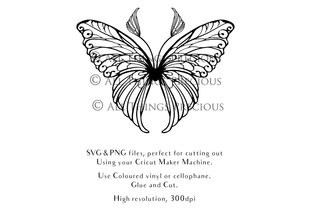 SVG & PNG Fairy Wing files for Cricut or Silhouette Cameo Cutting Machine. To create wearable fairy wings, in adult or children sizes. Use this graphic design for Halloween Costumes, Fantasy or Cosplay or photography. Use as prints in weddings, engagements or baby shower invitations. for you to cut and assemble.