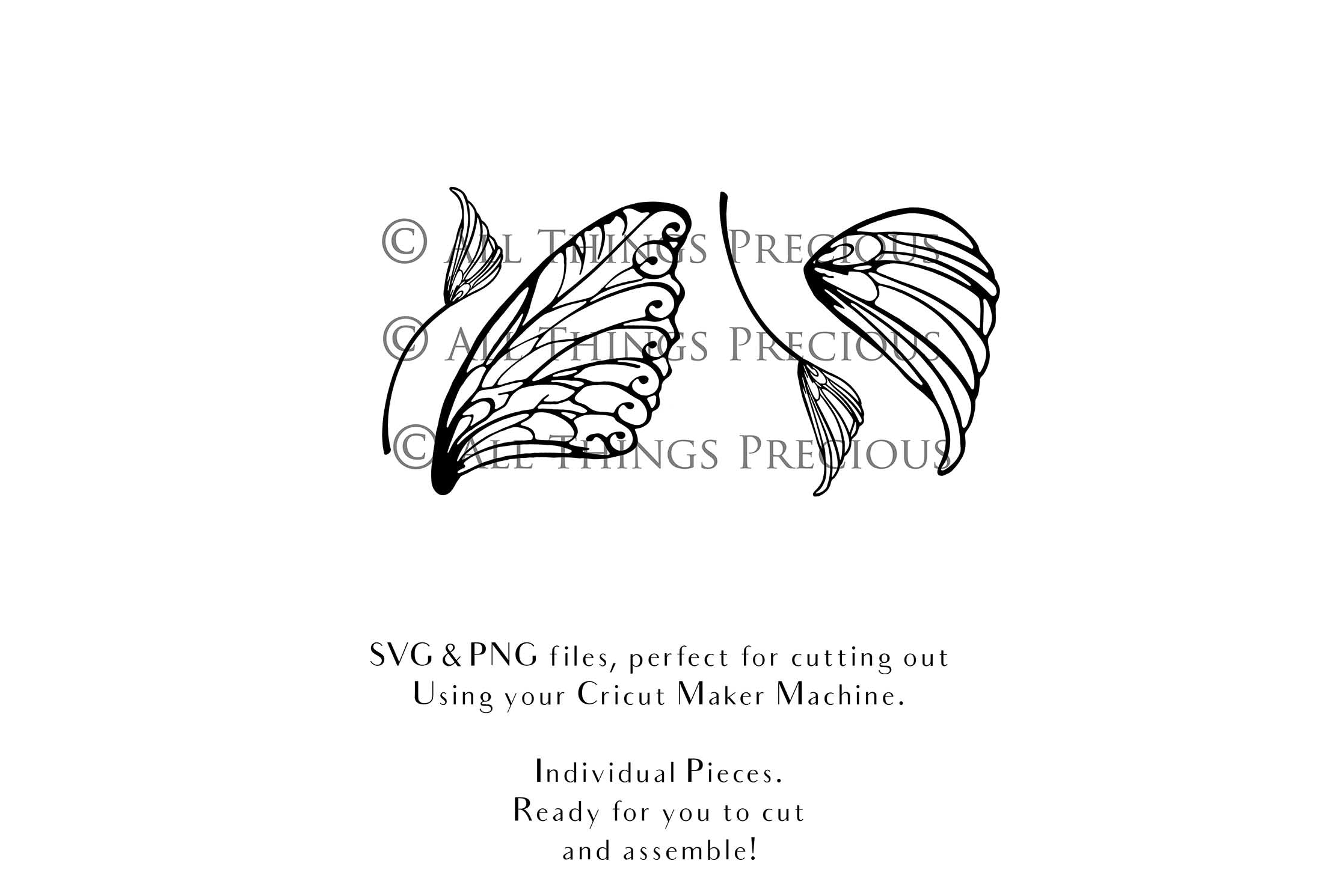 SVG & PNG Fairy Wing files for Cricut or Silhouette Cameo Cutting Machine. To create wearable fairy wings, in adult or children sizes. Use this graphic design for Halloween Costumes, Fantasy or Cosplay or photography. Use as prints in weddings, engagements or baby shower invitations. for you to cut and assemble.