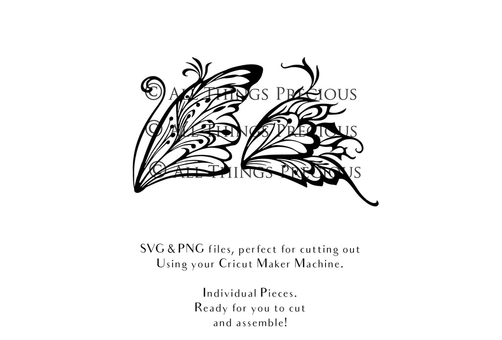 SVG & PNG Fairy Wing files for Cricut or Silhouette Cameo Cutting Machine. To create wearable fairy wings, in adult or children sizes. Use this graphic design for Halloween Costumes, Fantasy or Cosplay or photography. Use as prints in weddings, engagements or baby shower invitations. for you to cut and assemble.