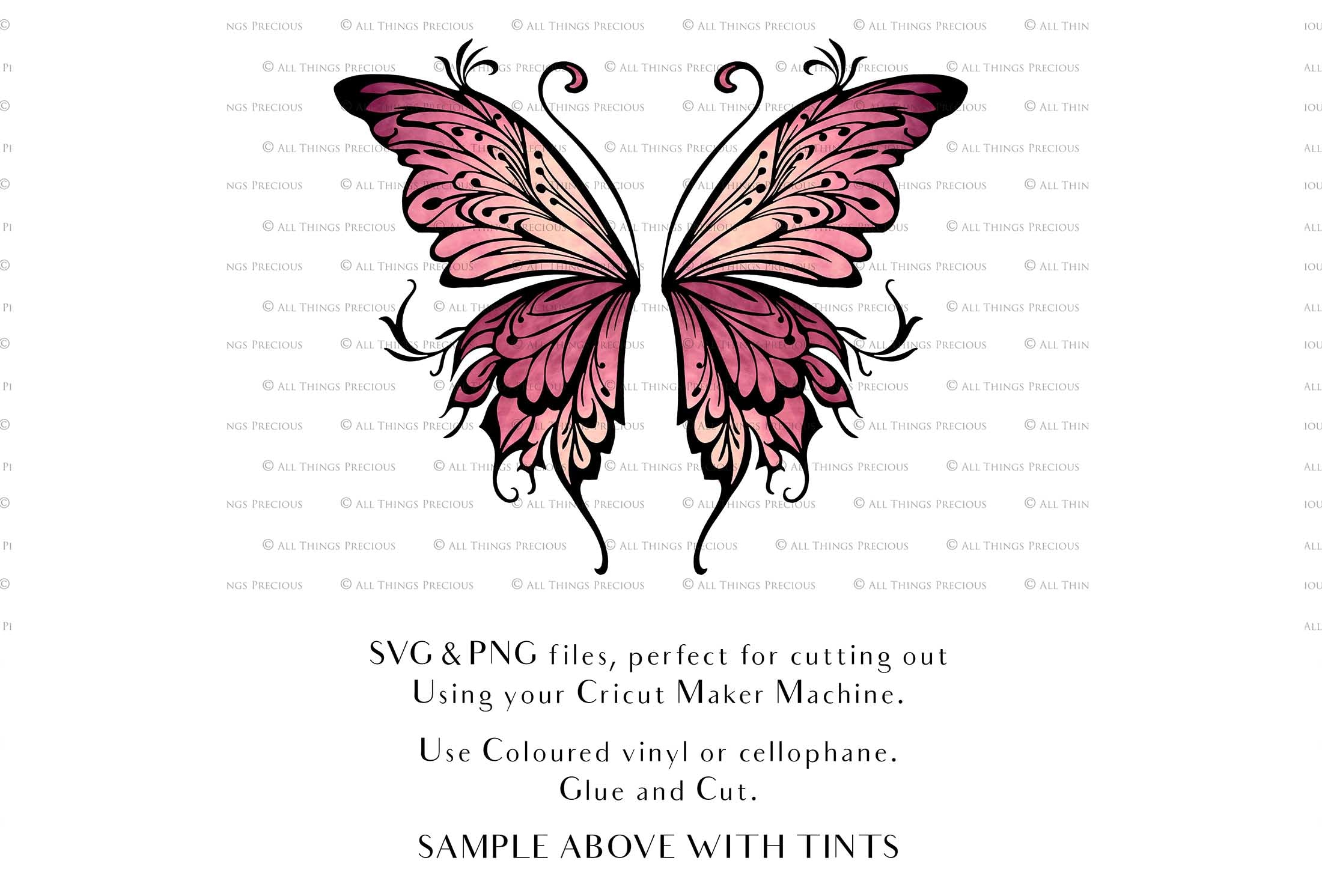 SVG & PNG Fairy Wing files for Cricut or Silhouette Cameo Cutting Machine. To create wearable fairy wings, in adult or children sizes. Use this graphic design for Halloween Costumes, Fantasy or Cosplay or photography. Use as prints in weddings, engagements or baby shower invitations. for you to cut and assemble.