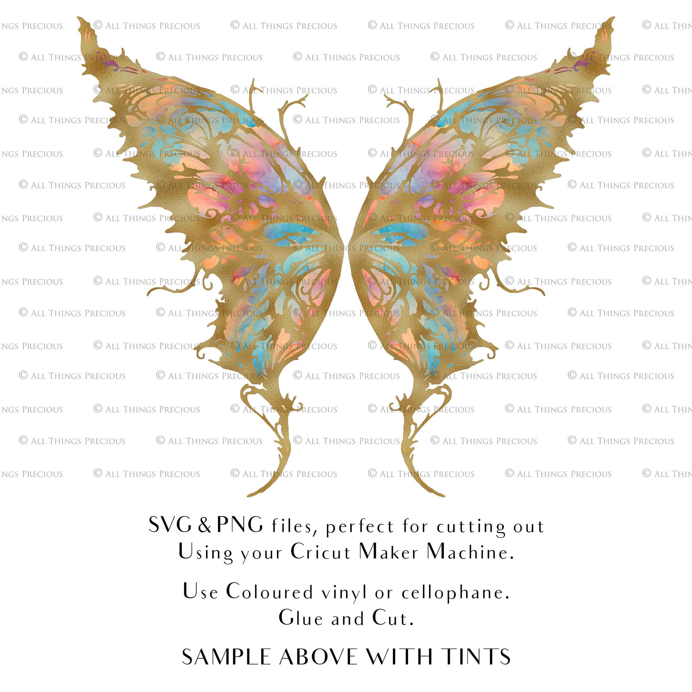 SVG & PNG Fairy Wing files for Cricut or Silhouette Cameo Cutting Machine. To create wearable fairy wings, in adult or children sizes. Use this graphic design for Halloween Costumes, Fantasy or Cosplay or photography. Use as prints in weddings, engagements or baby shower invitations. for you to cut and assemble.