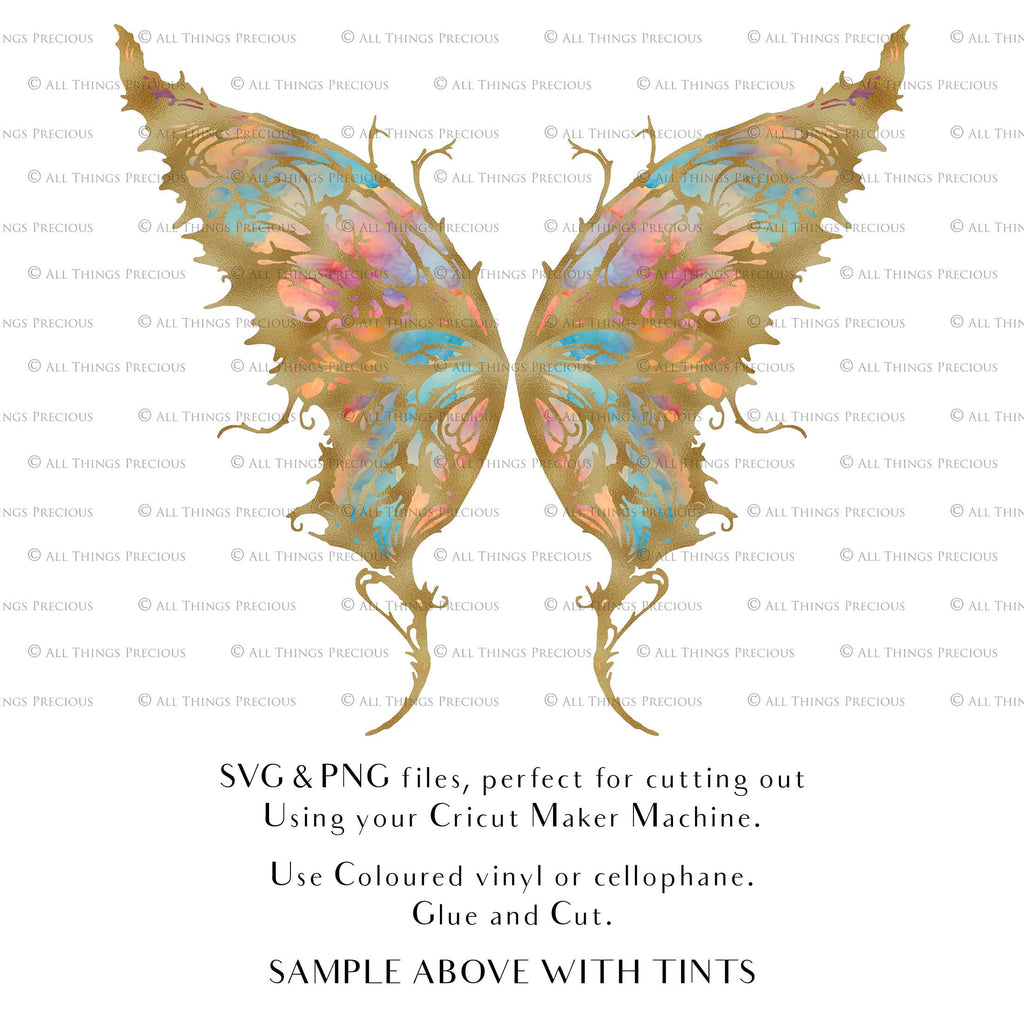 SVG & PNG Fairy Wing files for Cricut or Silhouette Cameo Cutting Machine. To create wearable fairy wings, in adult or children sizes. Use this graphic design for Halloween Costumes, Fantasy or Cosplay or photography. Use as prints in weddings, engagements or baby shower invitations. for you to cut and assemble.