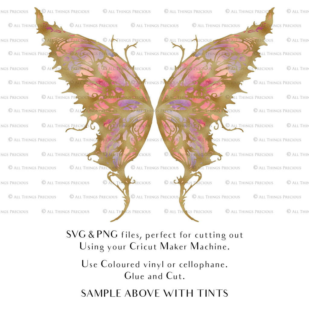 SVG & PNG Fairy Wing files for Cricut or Silhouette Cameo Cutting Machine. To create wearable fairy wings, in adult or children sizes. Use this graphic design for Halloween Costumes, Fantasy or Cosplay or photography. Use as prints in weddings, engagements or baby shower invitations. for you to cut and assemble.