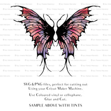 Load image into Gallery viewer, SVG &amp; PNG Fairy Wing files for Cricut or Silhouette Cameo Cutting Machine. To create wearable fairy wings, in adult or children sizes. Use this graphic design for Halloween Costumes, Fantasy or Cosplay or photography. Use as prints in weddings, engagements or baby shower invitations. for you to cut and assemble.
