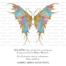 Load image into Gallery viewer, SVG &amp; PNG Fairy Wing files for Cricut or Silhouette Cameo Cutting Machine. To create wearable fairy wings, in adult or children sizes. Use this graphic design for Halloween Costumes, Fantasy or Cosplay or photography. Use as prints in weddings, engagements or baby shower invitations. for you to cut and assemble.

