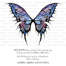 Load image into Gallery viewer, SVG, PNG Clipart, Fairy Wings, for Cricut and Silhouette Machine. Cut out and make your own real fairy wings. For Costumes, Halloween, Cosplay Wings, Adult Wings, Child size wings. Use them for Wedding invitations, sublimation print  or decorations.
