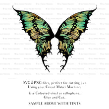 Load image into Gallery viewer, SVG, PNG Clipart, Fairy Wings, for Cricut and Silhouette Machine. Cut out and make your own real fairy wings. For Costumes, Halloween, Cosplay Wings, Adult Wings, Child size wings. Use them for Wedding invitations, sublimation print  or decorations.
