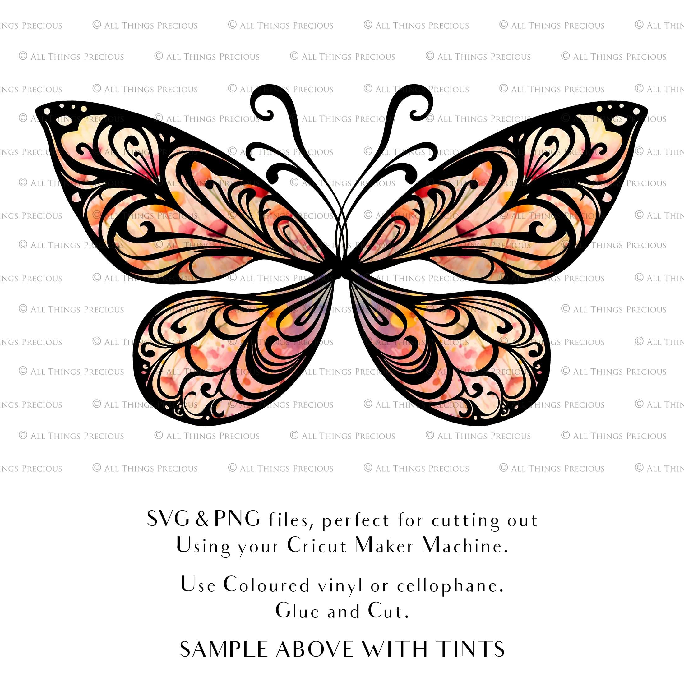 SVG & PNG Fairy Wing files for Cricut or Silhouette Cameo Cutting Machine. To create wearable fairy wings, in adult or children sizes. Use this graphic design for Halloween Costumes, Fantasy or Cosplay or photography. Use as prints in weddings, engagements or baby shower invitations. for you to cut and assemble.