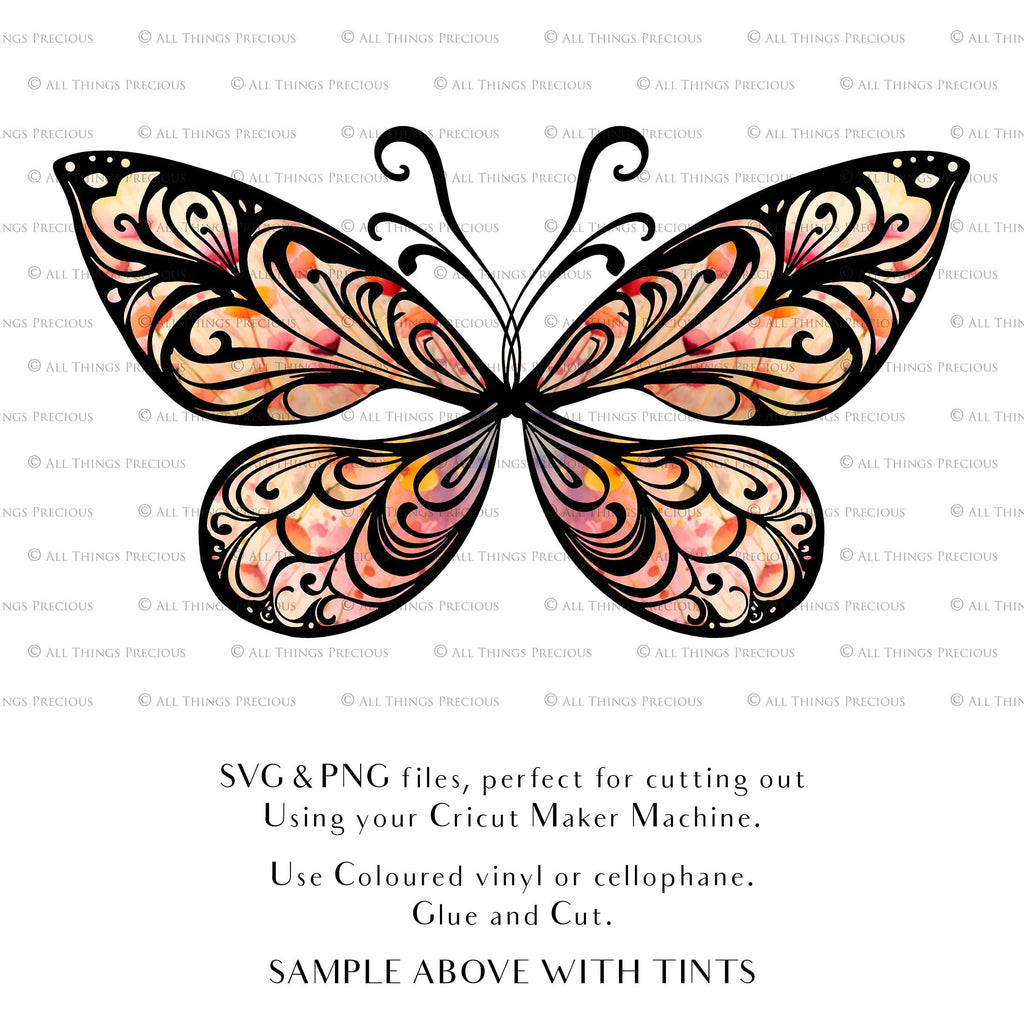 SVG & PNG Fairy Wing files for Cricut or Silhouette Cameo Cutting Machine. To create wearable fairy wings, in adult or children sizes. Use this graphic design for Halloween Costumes, Fantasy or Cosplay or photography. Use as prints in weddings, engagements or baby shower invitations. for you to cut and assemble.