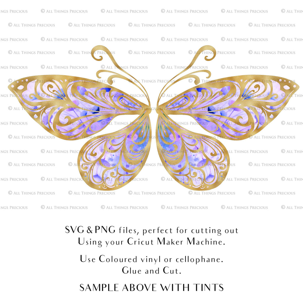 SVG & PNG Fairy Wing files for Cricut or Silhouette Cameo Cutting Machine. To create wearable fairy wings, in adult or children sizes. Use this graphic design for Halloween Costumes, Fantasy or Cosplay or photography. Use as prints in weddings, engagements or baby shower invitations. for you to cut and assemble.