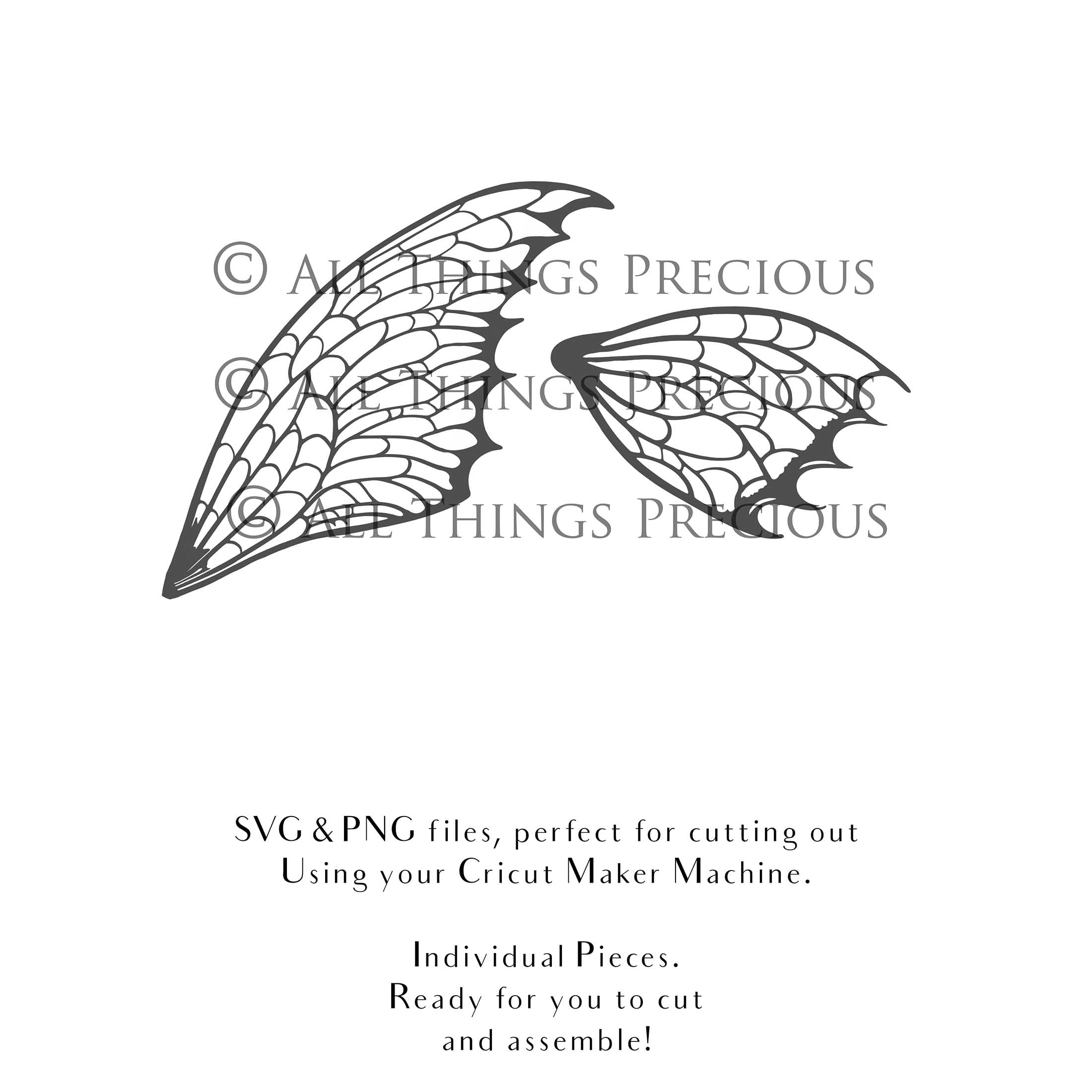 SVG & PNG Fairy/Angel Wing files for Cricut, Silhouette Cameo and other Cutting Machines. Create wearable fairy wings, all sizes. Perfect for Halloween Costumes, Fantasy, Cosplay, Photography. Prints, Wedding, Engagement, Baby Shower invitations, Sublimation Printing, Clip Art and more. Cut and assemble. ATP Textures.